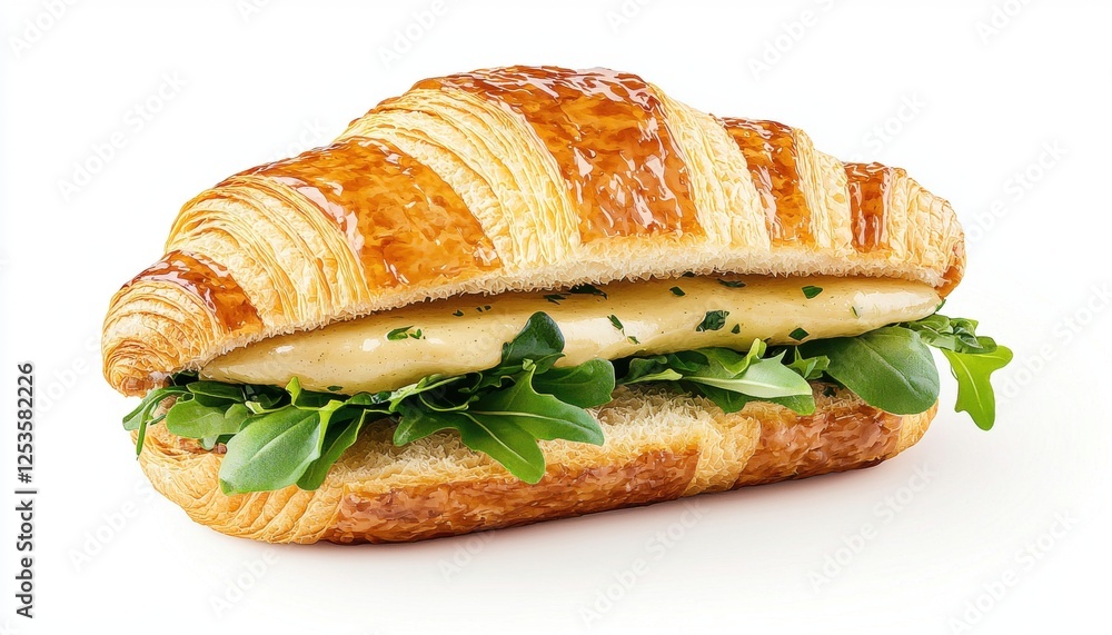 A gourmet croissant sandwich filled with fresh greens and a slice of savory cheese A gourmet croissant sandwich filled with fresh greens and a slice of savory cheese