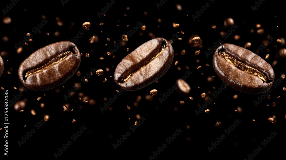 Falling Coffee Beans in Dark Background with Scattering Particles for Aromatic Beverage Falling Coffee Beans in Dark Background with Scattering Particles for Aromatic Beverage