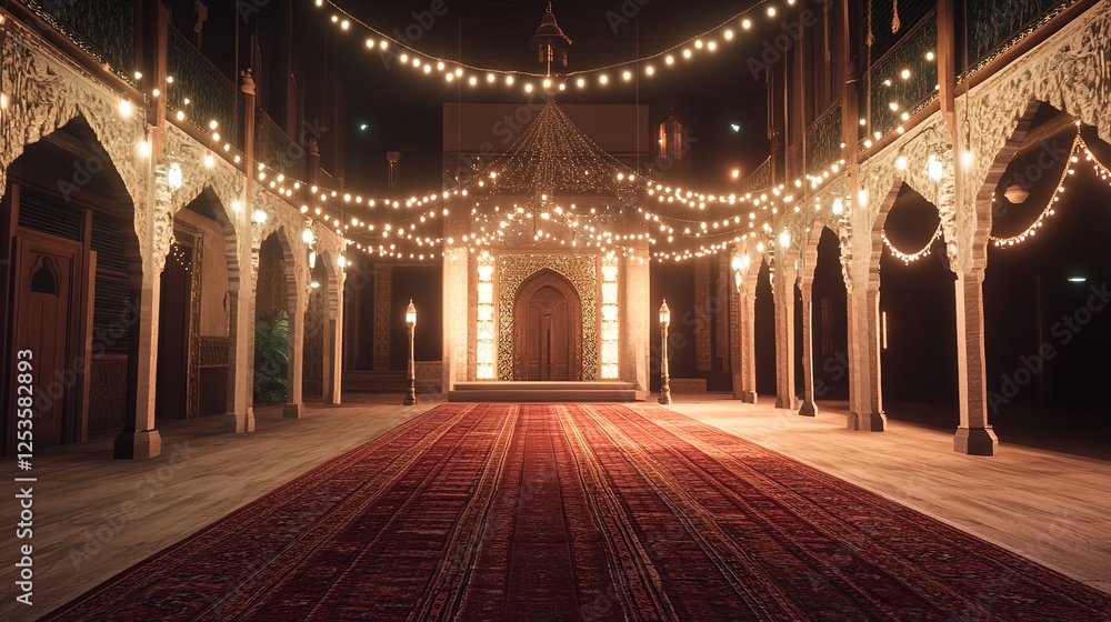 Obraz premium A rustic interior space decorated with festive string lights and bunting