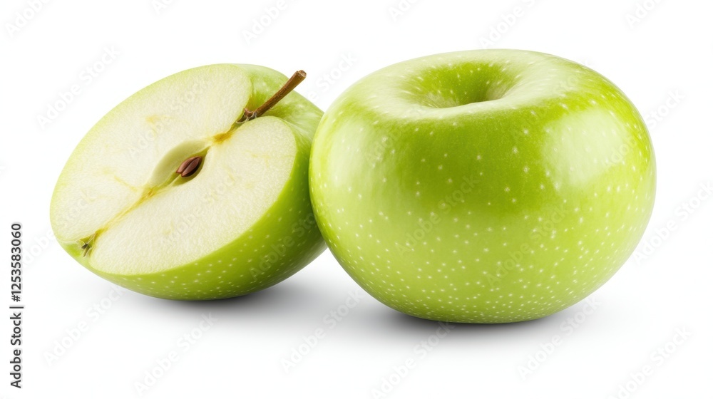 Freshly Cut Green Apple Slices Displayed Alongside Whole Green Apples on White Background Freshly Cut Green Apple Slices Displayed Alongside Whole Green Apples on White Background