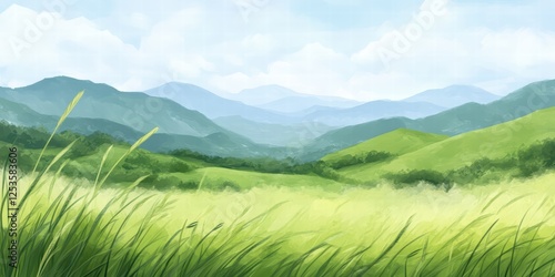 Serene Landscape with Rolling Hills and Lush Green Grass
