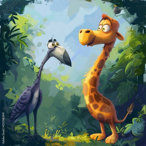 Whimsical Giraffe and Bird Encounter in Lush Tropical Jungle Illustration photo