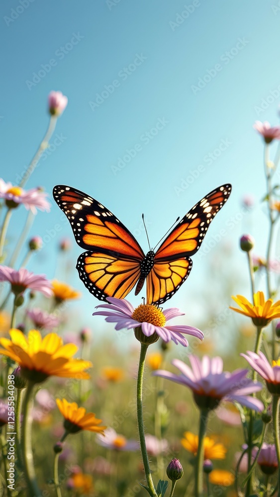 Monarch butterfly on colorful wildflowers under clear blue sky Monarch butterfly on colorful wildflowers under clear blue sky
