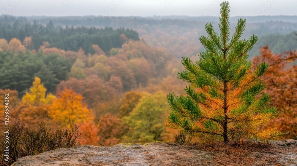 Fototapeta premium Lone Evergreen Tree Stands on a Cliff Overlooking a Vibrant Autumn Forest in Nature