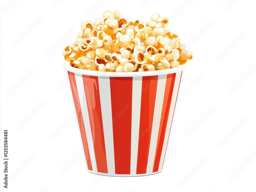 A vibrant bucket of freshly popped popcorn featuring classic red and white stripes, perfect for movie nights, snacks, or sharing with friends and family during entertainment. A vibrant bucket of freshly popped popcorn featuring classic red and white stripes, perfect for movie nights, snacks, or sharing with friends and family during entertainment.