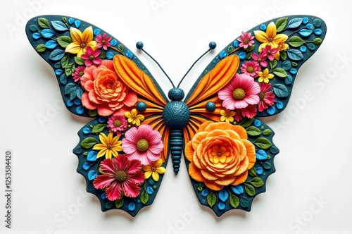 Vibrant floral butterfly composition with colorful flowers and leaves