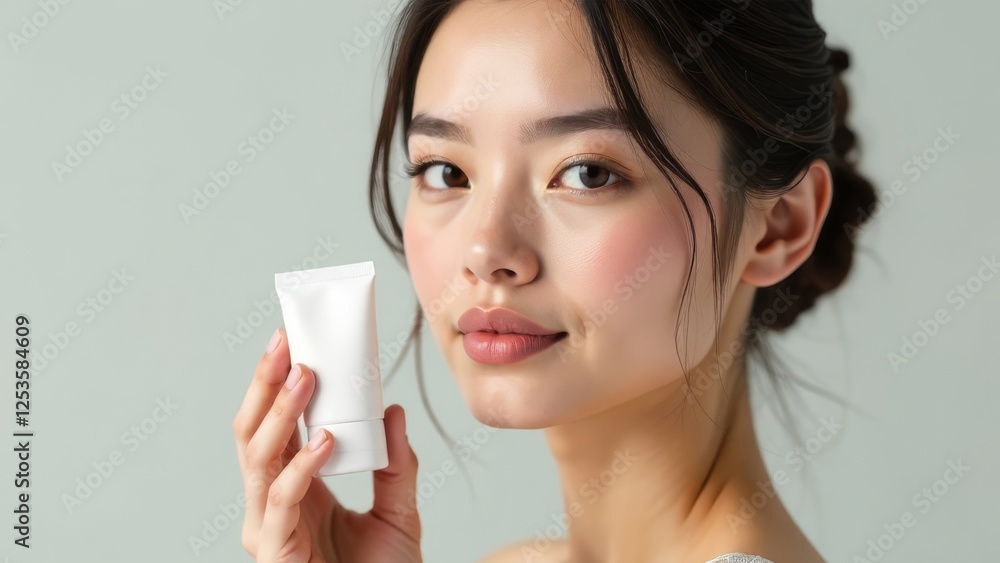 A well-groomed Asian young woman holds in her hands a tube of cream for the face or around the eyes. Place for text. Advertising space A well-groomed Asian young woman holds in her hands a tube of cream for the face or around the eyes. Place for text. Advertising space
