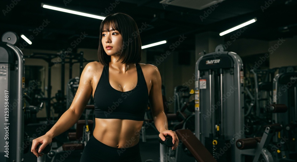 モダンなジムでトレーニングに励むアジア人女性 – 強さ、フィットネス、献身 モダンなジムでトレーニングに励むアジア人女性 – 強さ、フィットネス、献身