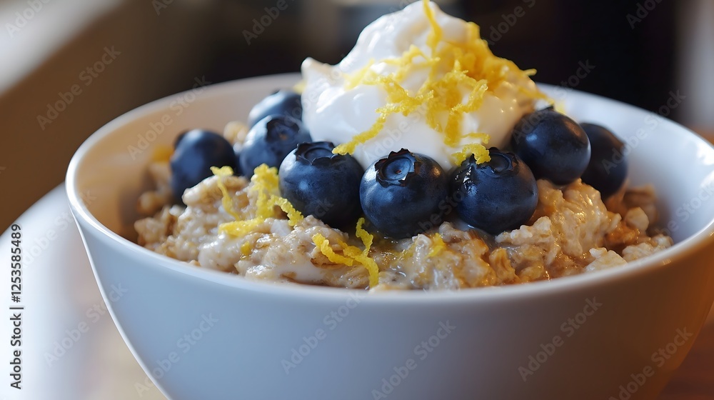 Oatmeal Bowl Topped with Fresh Blueberries, Yogurt and Lemon Zest Oatmeal Bowl Topped with Fresh Blueberries, Yogurt and Lemon Zest