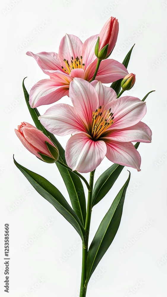 Naklejka premium Pink lilies with buds against white background: elegant floral composition