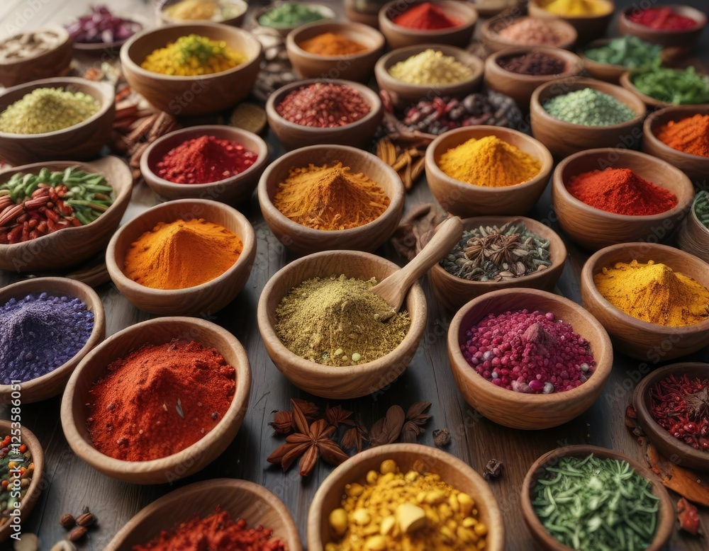 Fototapeta premium Various wooden bowls filled with colorful spices, flavors, spices, assortment