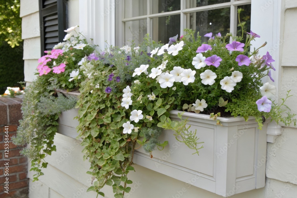 Naklejka premium A window box planter filled with a vibrant climbing plant in shades of white and pastel colors, spilling over the edges, flowering vine, garden feature, window box planter