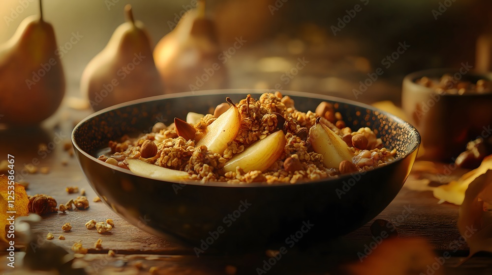 Pear and Granola Bowl with Hazelnuts on Rustic Wooden Table Close-Up Pear and Granola Bowl with Hazelnuts on Rustic Wooden Table Close-Up