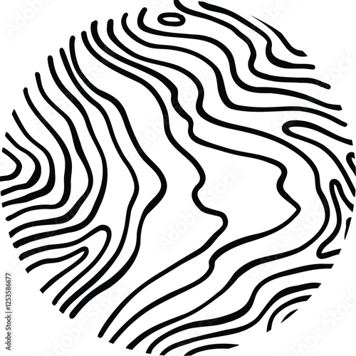 Wood line circle. Tree trunk cross section with topography rings, black and white timber log slices with contour sketch. Vector isolated icon on white