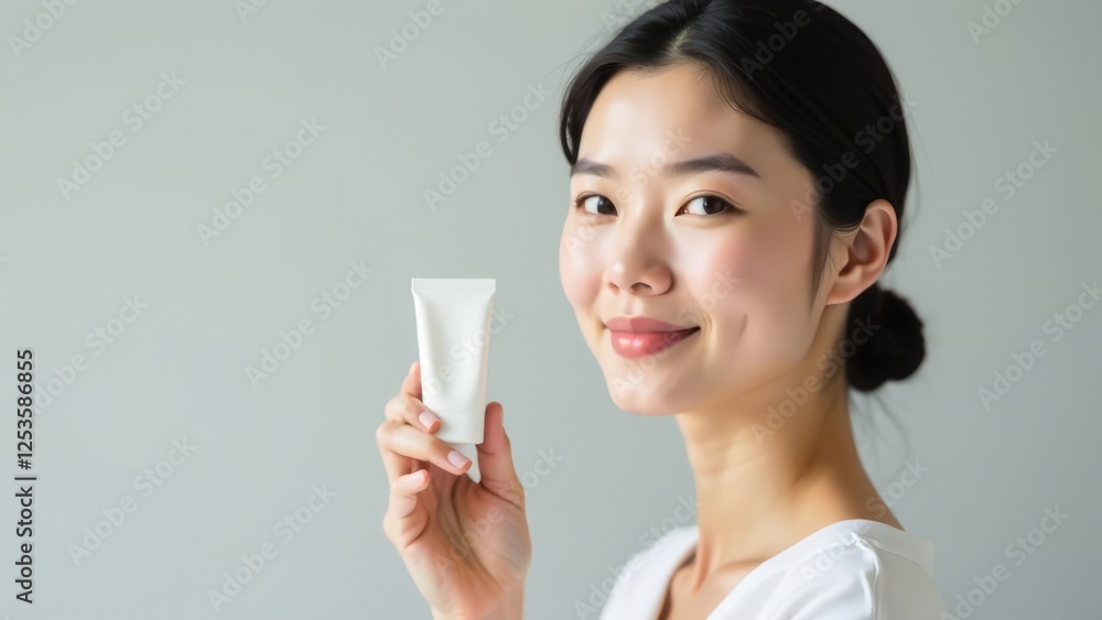 A well-groomed Asian young woman holds in her hands a tube of cream for the face or around the eyes. Place for text. Advertising space A well-groomed Asian young woman holds in her hands a tube of cream for the face or around the eyes. Place for text. Advertising space