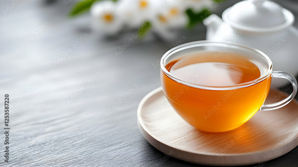 Jasmine tea cup, wooden coaster, table, flowers. Lifestyle photo Jasmine tea cup, wooden coaster, table, flowers. Lifestyle photo