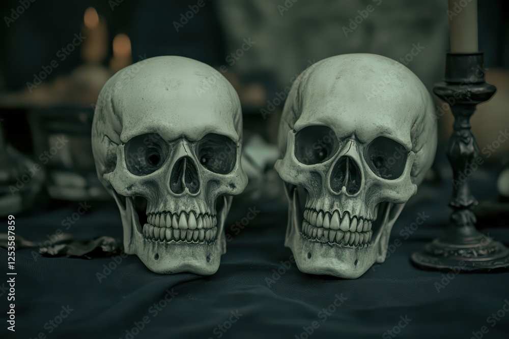 Realistic human skulls placed on a dark table with candles Realistic human skulls placed on a dark table with candles