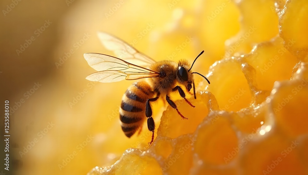Bee Gathering Nectar on Honeycomb Structure in Close Up View Bee Gathering Nectar on Honeycomb Structure in Close Up View