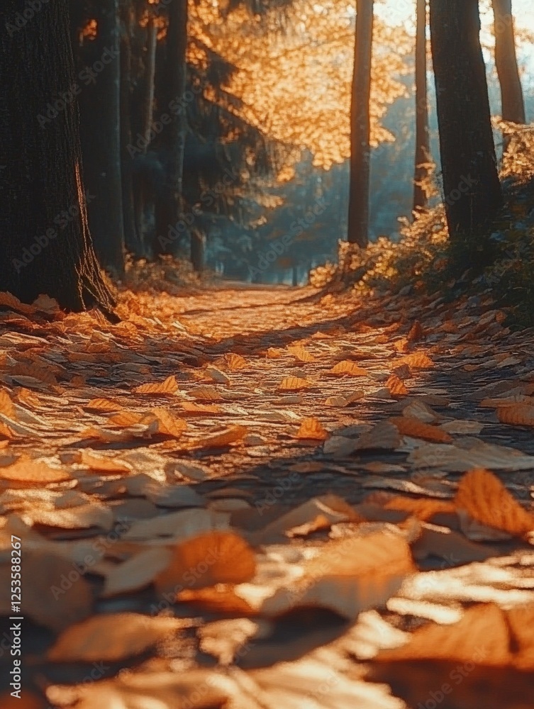 Autumn pathway covered in fallen leaves at sunset Autumn pathway covered in fallen leaves at sunset