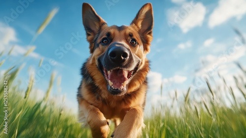 A German shepherd joyfully bounds through lush green grass under a bright sky, reflecting the essence of freedom, playfulness, and the bond between pets and nature. photo