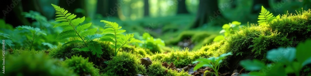 Leafy ferns and moss carpeting a forest floor, ferns, moss, forest life Leafy ferns and moss carpeting a forest floor, ferns, moss, forest life