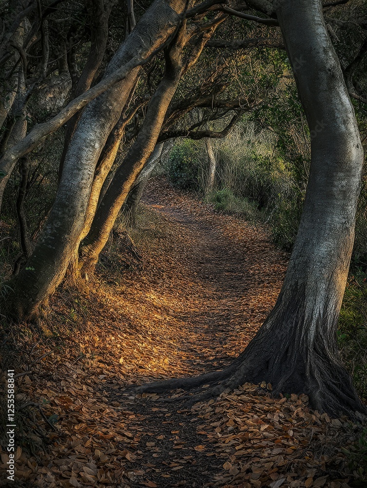 Obraz premium Nature trail adorned with autumn leaves in a forest