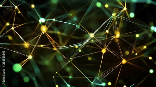 Abstract network of interconnected lines and glowing dots in gold and green