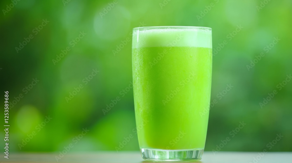 Glass of fresh green juice on a table, healthy and refreshing beverage Glass of fresh green juice on a table, healthy and refreshing beverage