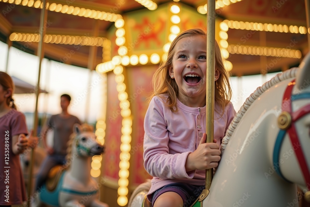 Fototapeta premium Happy Girl Riding Carousel Horse at Fair