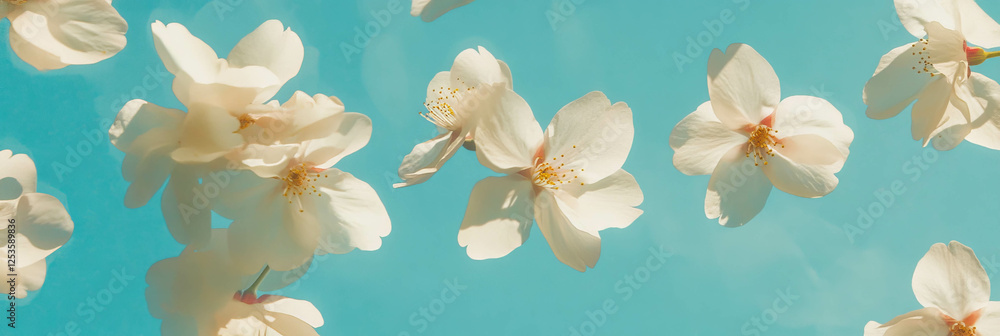 Sakura petals arranged in a circle on a bright turquoise background showcasing spring beauty Sakura petals arranged in a circle on a bright turquoise background showcasing spring beauty