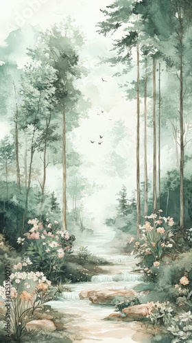 Serene forest landscape with soft mist and blooming flowers