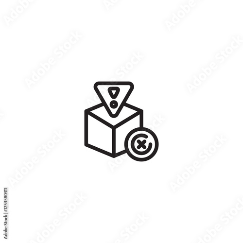 A cube with a warning triangle above it and a circle containing a cross (X) to its right, indicating a potentially problematic or rejected item.