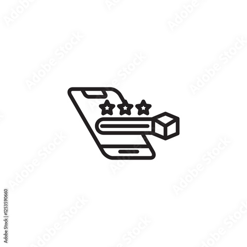 A mobile phone displaying three stars above a horizontal bar that extends into a 3D cube. Represents product rating, digital feedback on a physical item, or mobile commerce review.