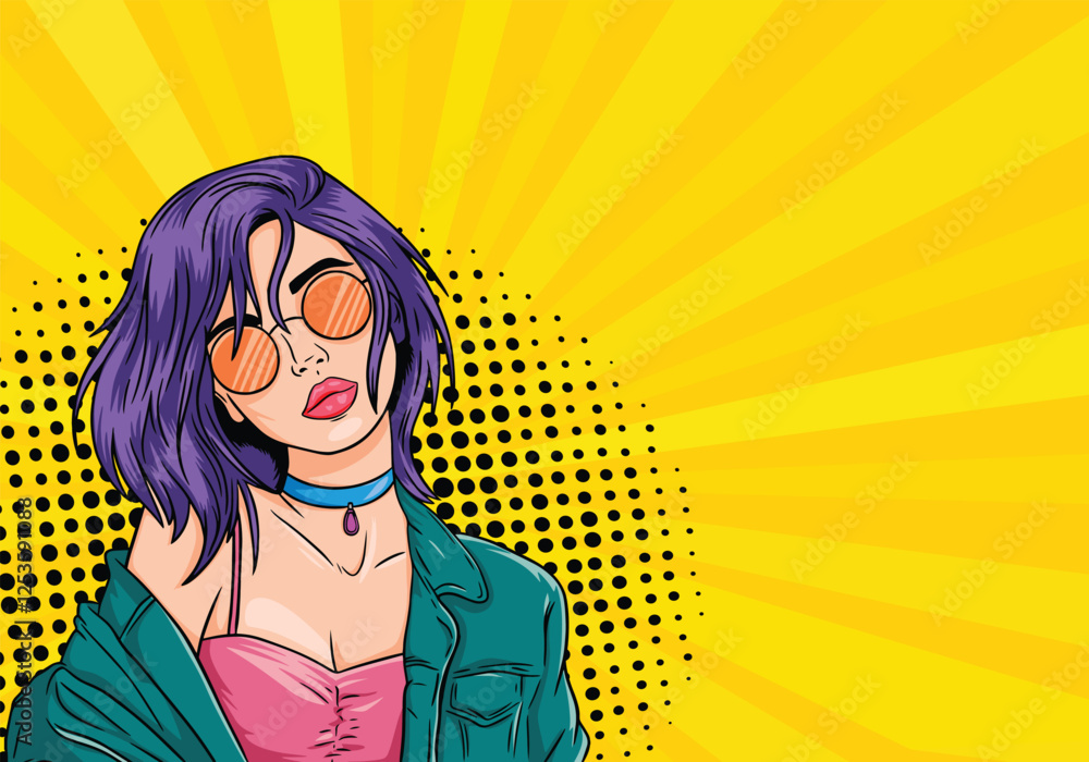 Young woman in pop art style wearing glasses. On a yellow background. Comic style pop art vector