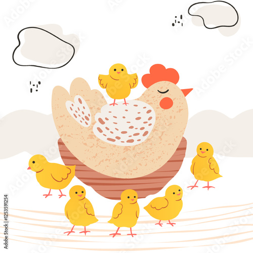 Hen with chicks. Cute children's vector illustration. Poultry, cartoon characters in the poultry yard