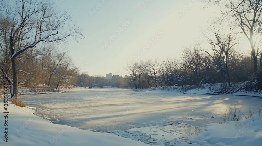 Winter landscape showing a frozen lake with snow covered trees and sunlight Winter landscape showing a frozen lake with snow covered trees and sunlight