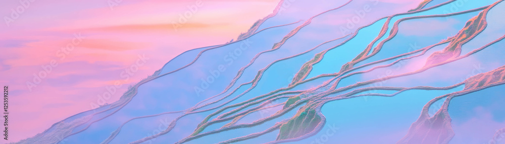 Terraced rice fields with a gentle stream under bright blue skies Terraced rice fields with a gentle stream under bright blue skies