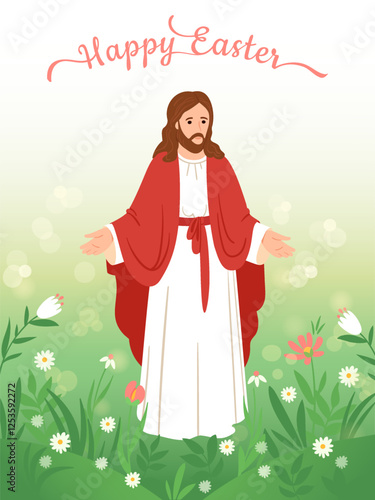 Happy Easter! Religious greeting card Jesus on spring landscape background.Vector illustration