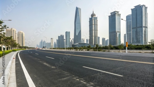 Wide asphalt road stretching through a modern cityscape with sleek skyscrapers and glass towers in the background, urban landscape, urban sprawl, city streets, highway, modern city