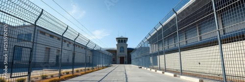 Wide-angle shot of a modern prison facility with tall metal fence surrounding the perimeter, closed circuit television, perimeter wall, radios and antennas
