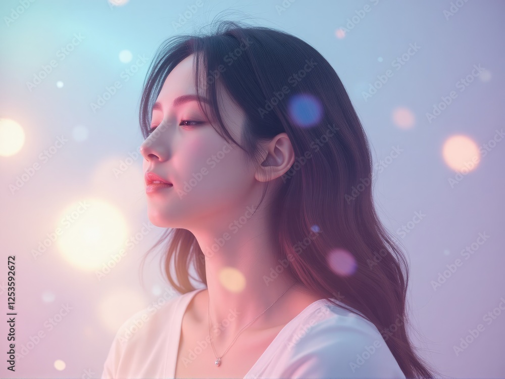 Meta-spirituality: Emotions meet technology, a cosmic portrait of a woman illuminated by soft, multicolored light, with glowing, iridescent clothing and pastel background, balancing minimalism with Meta-spirituality: Emotions meet technology, a cosmic portrait of a woman illuminated by soft, multicolored light, with glowing, iridescent clothing and pastel background, balancing minimalism with