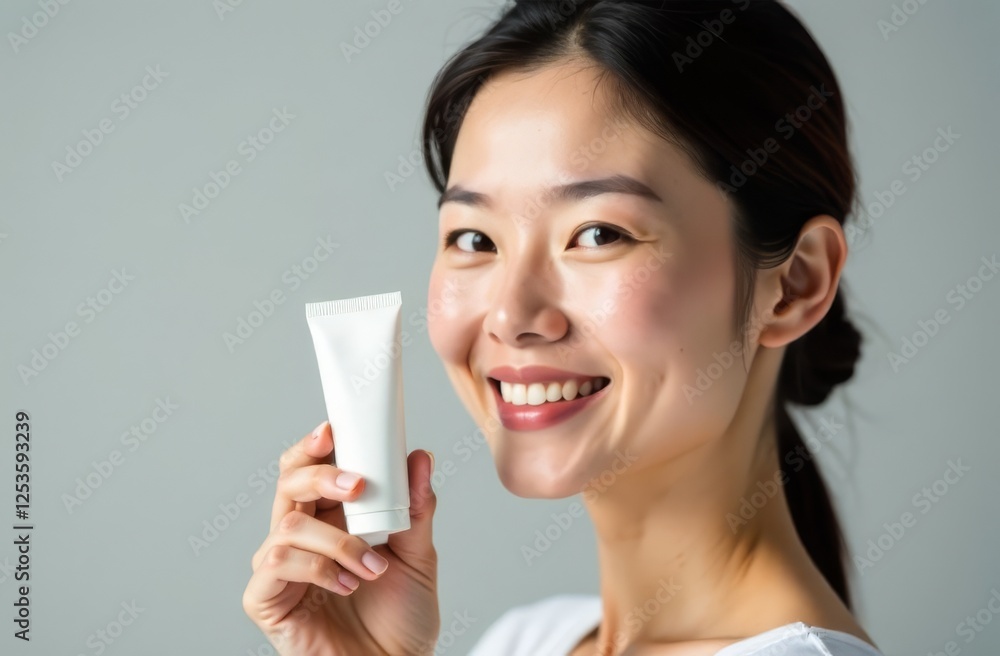 A well-groomed middle-aged Asian woman holds in her hands a tube of cream for the face or around the eyes. Place for text. Advertising space A well-groomed middle-aged Asian woman holds in her hands a tube of cream for the face or around the eyes. Place for text. Advertising space