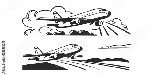 Retro Comic-Style Illustration of a Passenger Plane Taking Off  Illustrator Artwork