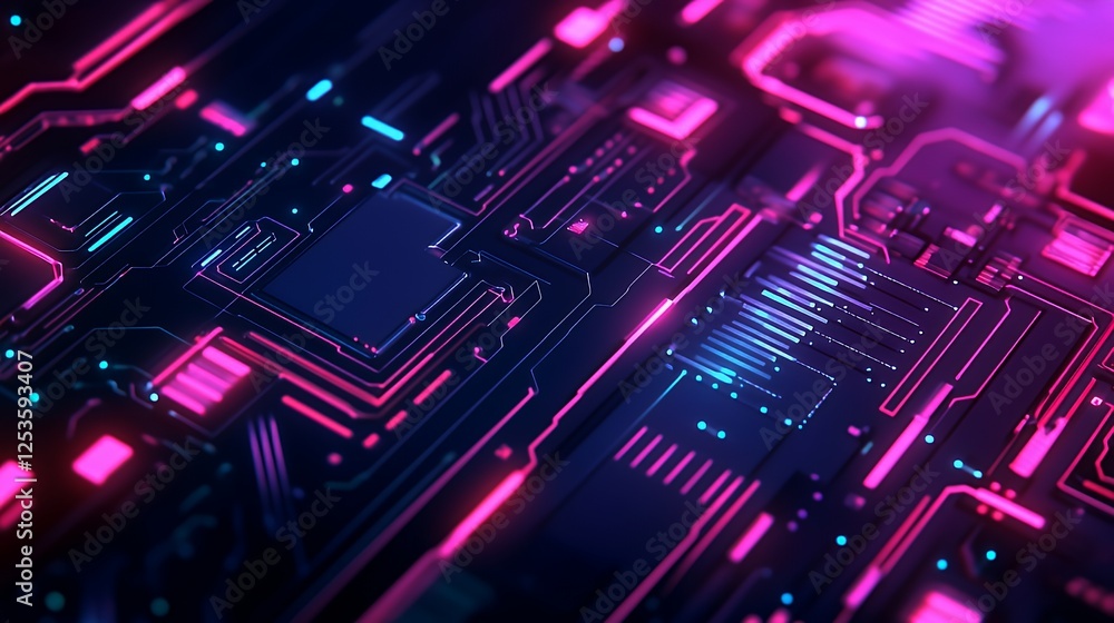 Abstract Neon Circuit Board Design Glowing Pink And Blue Abstract Neon Circuit Board Design Glowing Pink And Blue
