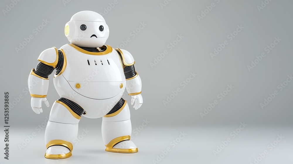 Fototapeta premium Friendly humanoid robot with a sad expression in a minimalistic studio environment