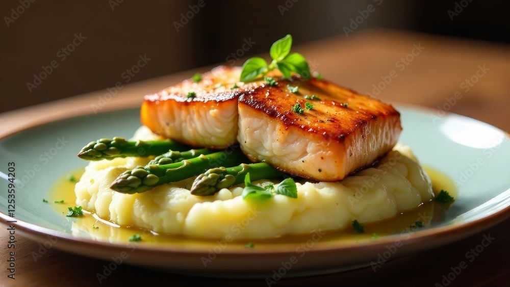 Pan-Seared Fish Filets Served on Creamy Mashed Potatoes with Saut?ed Asparagus and Herb Garnish Pan-Seared Fish Filets Served on Creamy Mashed Potatoes with Saut?ed Asparagus and Herb Garnish