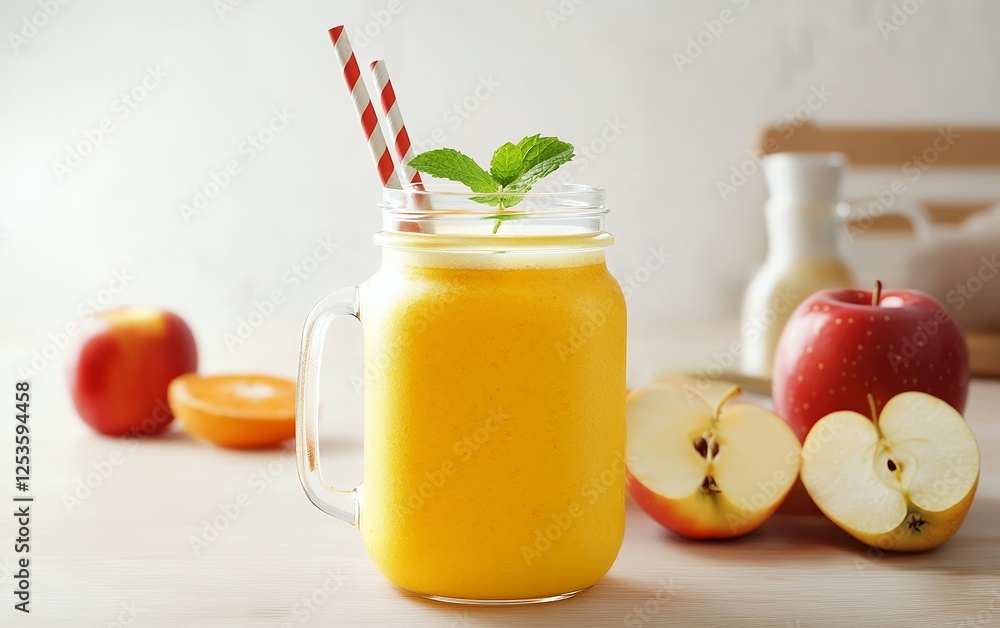 Refreshing apple and orange smoothie in a glass jar with red and white striped straw, fresh mint leaves, and orange slices Refreshing apple and orange smoothie in a glass jar with red and white striped straw, fresh mint leaves, and orange slices
