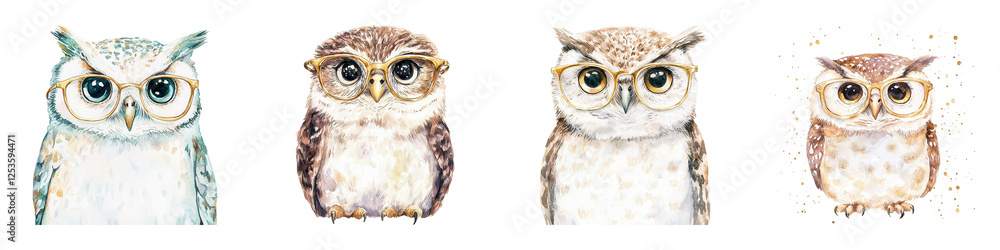 Obraz premium Playful Owl Illustrations with Glasses and Cap in Whimsical Style