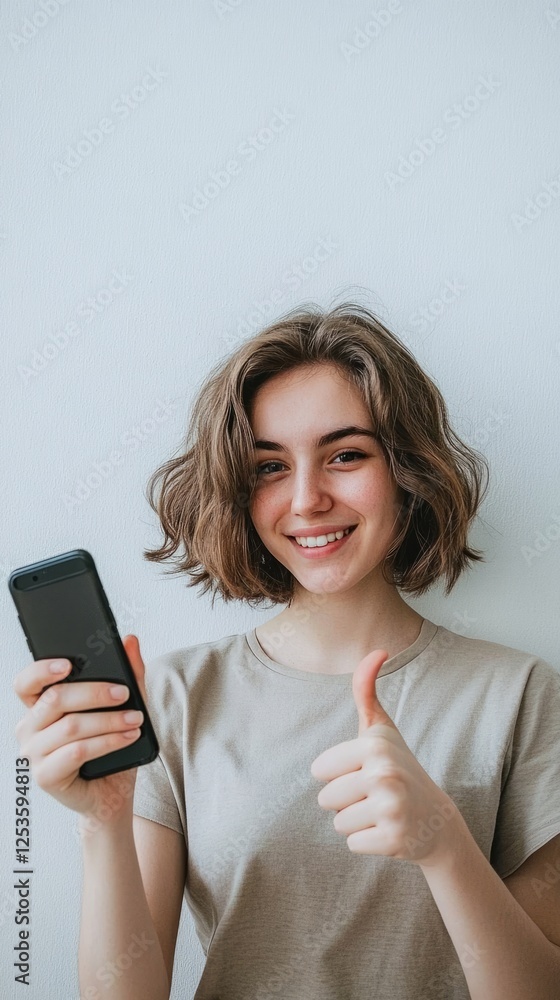 A young woman with slightly curly short hair holds a smartphone in one hand and gives a thumbs-up with the other, her confident face radiating a happy smile A young woman with slightly curly short hair holds a smartphone in one hand and gives a thumbs-up with the other, her confident face radiating a happy smile