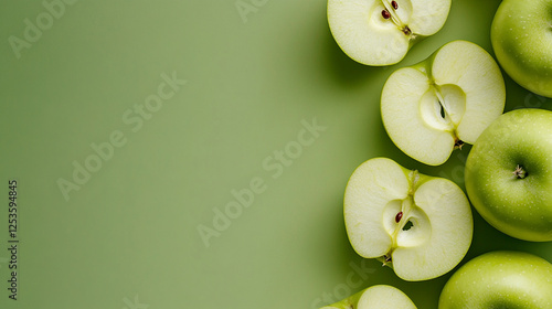 Fresh sliced apples on a green background with copy space, AI Generate photo